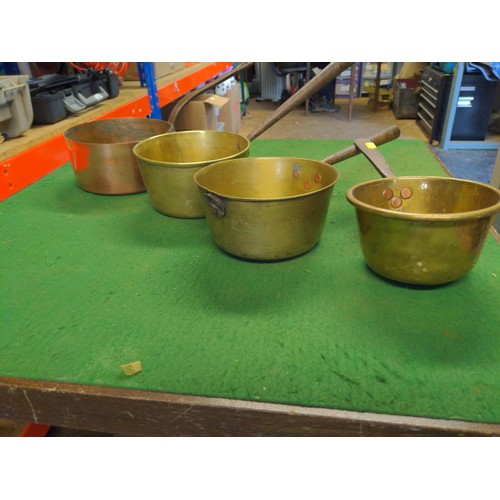 130 - 3 x Brass saucepans & 1 x copper