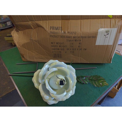 140 - Box of Primus giant metal white rose garden ornaments