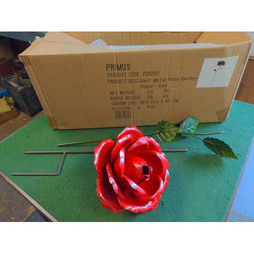 141 - Box of Primus giant metal red rose garden ornaments