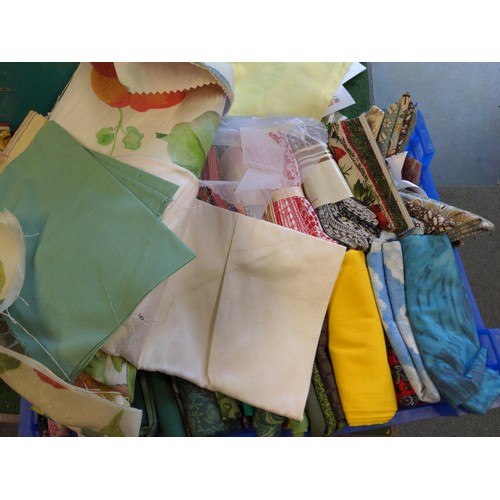 149 - Plastic box containing various fabrics in different sizes