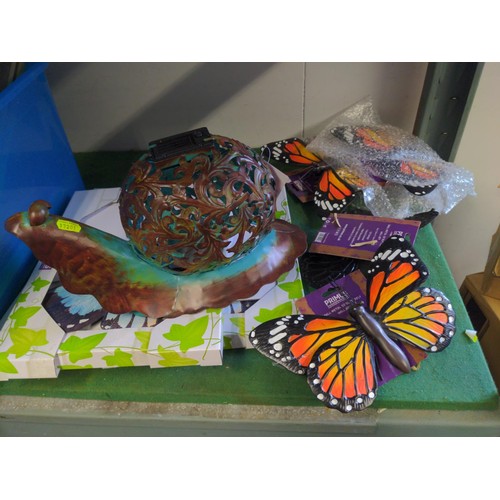 151 - Metal garden ornaments inc. large solar snail & various sized metal wall hanging butterflies