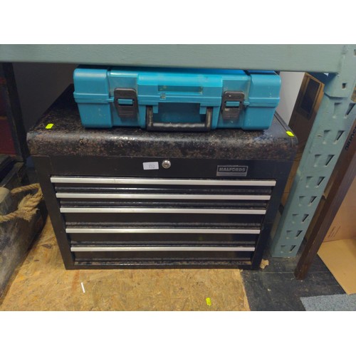 152 - Halfords five drawer tool chest with lift up lid & empty plastic Makita carry case, with key