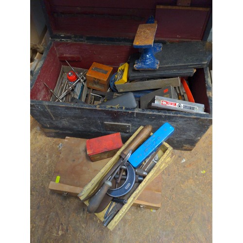 153 - Wooden engineers chest/tool box full of engineering tools, inc. tap & die sets, Ellipse Magnet c... 