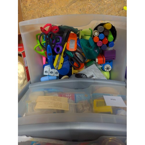 156 - Large collection of craft items in a 4 drawer plastic unit Inc pens, pencils, crayons, ribbons, feat... 