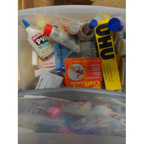 156 - Large collection of craft items in a 4 drawer plastic unit Inc pens, pencils, crayons, ribbons, feat... 