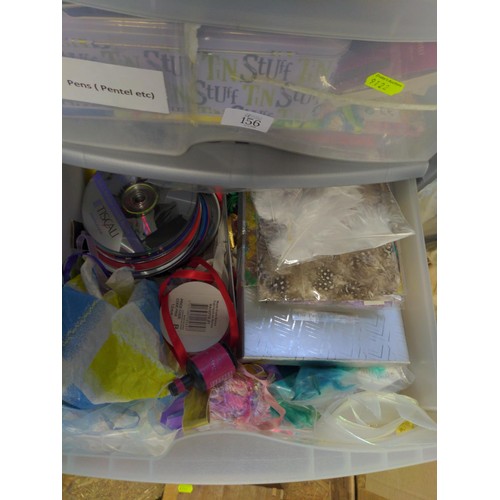 156 - Large collection of craft items in a 4 drawer plastic unit Inc pens, pencils, crayons, ribbons, feat... 