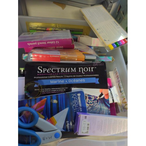 156 - Large collection of craft items in a 4 drawer plastic unit Inc pens, pencils, crayons, ribbons, feat... 