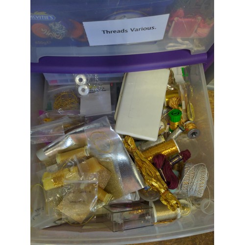 158 - Plastic drawer unit with large collection of craft items Inc Glues, Threads, ribbons etc.