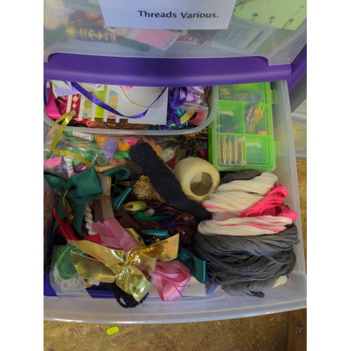 158 - Plastic drawer unit with large collection of craft items Inc Glues, Threads, ribbons etc.