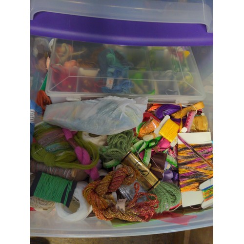 158 - Plastic drawer unit with large collection of craft items Inc Glues, Threads, ribbons etc.