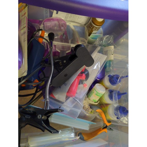 158 - Plastic drawer unit with large collection of craft items Inc Glues, Threads, ribbons etc.