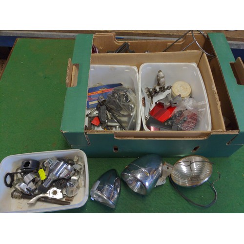 210 - Small green box with vintage cycling parts Inc dynamo lights, axles, bottle rack etc