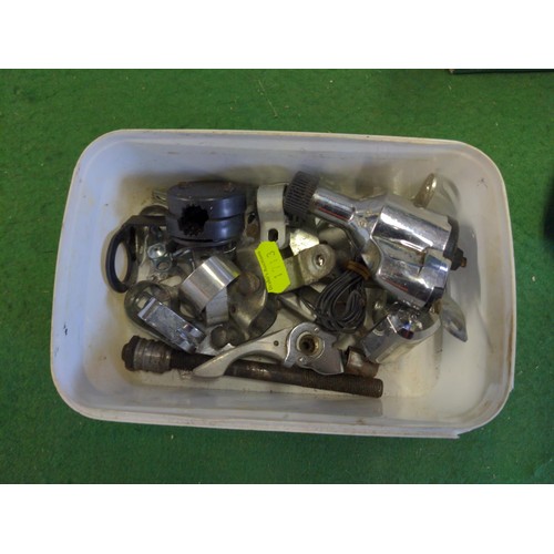 210 - Small green box with vintage cycling parts Inc dynamo lights, axles, bottle rack etc