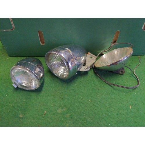 210 - Small green box with vintage cycling parts Inc dynamo lights, axles, bottle rack etc