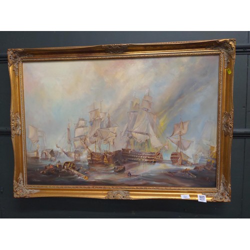 285 - Ken Allsebrook, oil on canvas of a naval battle scene, signed lower left and dated '89, in gilt fram... 