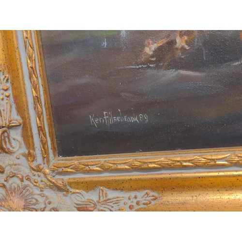 285 - Ken Allsebrook, oil on canvas of a naval battle scene, signed lower left and dated '89, in gilt fram... 