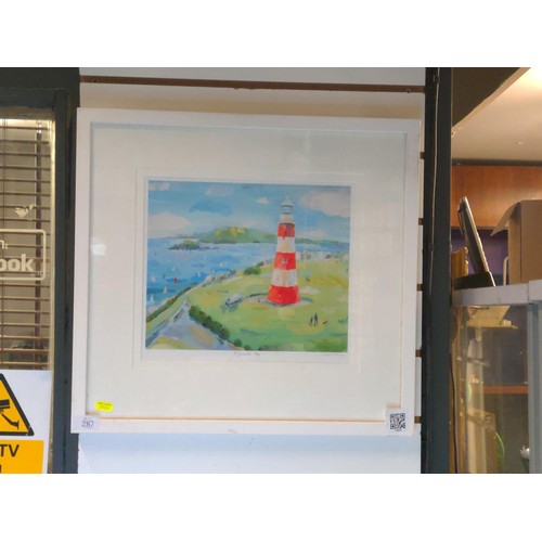 287 - Framed print of Plymouth Hoe, signed in pencil Claire Henley, 50.5 x 47.5cm