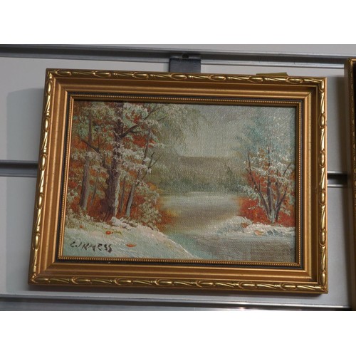 288 - 2 x oil paintings of country scenes signed C Innis & a large gilt frame 47cm x 58cm