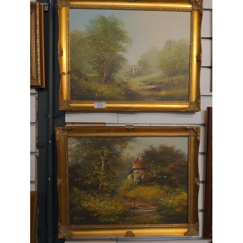 290 - 2x gilt framed oil paintings country landscape Les Parson 47cm x 37cm