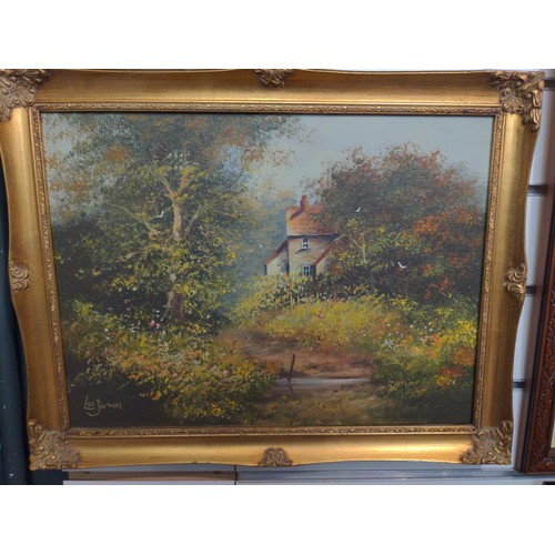 290 - 2x gilt framed oil paintings country landscape Les Parson 47cm x 37cm