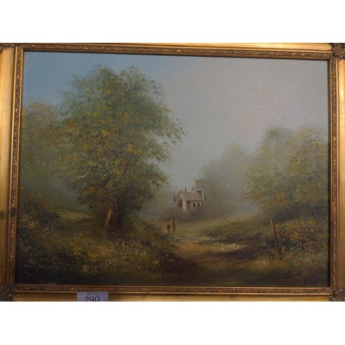 290 - 2x gilt framed oil paintings country landscape Les Parson 47cm x 37cm