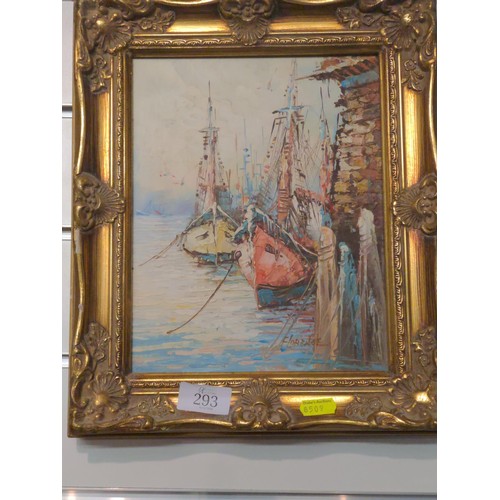 293 - Gilt framed oil painting of fishing boats Signed bottom right 29cmx 33.5cm  