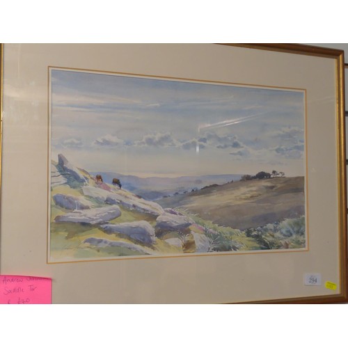 294 - Moorland watercolour of Saddle Tor, signed Andrew Johnson 67cm x 50cm