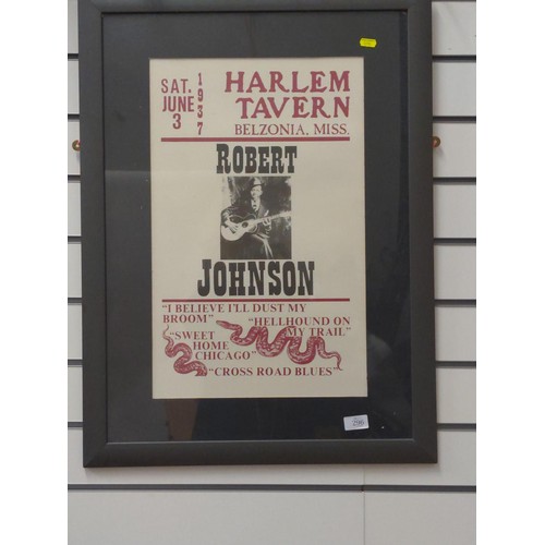 296 - Framed poster of Robert Johnson blues guitarist at harlem tavern In modern black frame 57 x 77cm