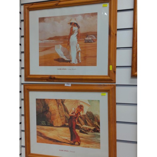 298 - 2 x framed Mark Spain print long beach and parasol 57 x 47cm 