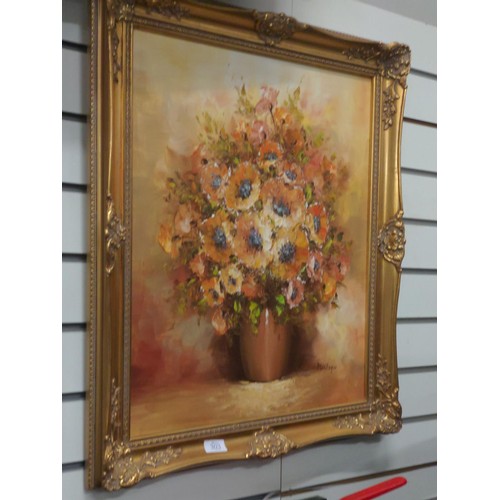 303 - Gilt framed oil painting,  still life of flowers in vase signed Montaque 62cm x 72cm