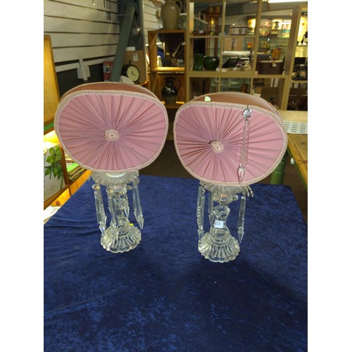 323 - Pair of lustres converted to lamps with pink shades