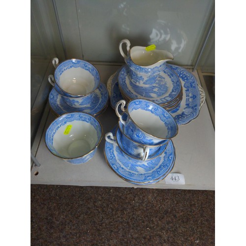 443 - Adderley 'Willow' pattern part tea set, comprising milk jug, sugar bowl, sandwich plate, five cups, ... 