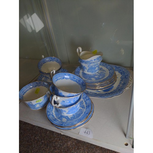 443 - Adderley 'Willow' pattern part tea set, comprising milk jug, sugar bowl, sandwich plate, five cups, ... 