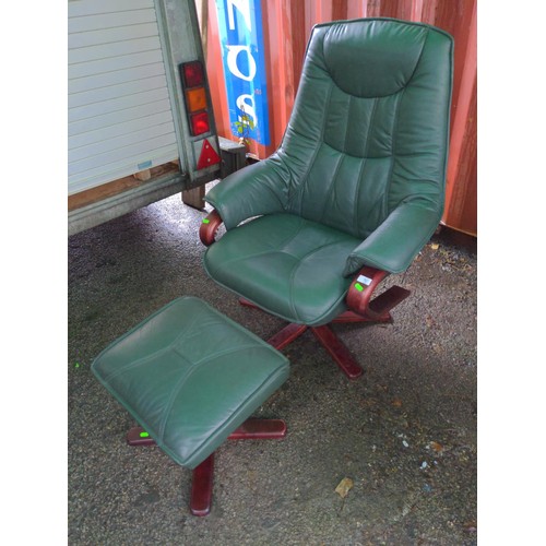 71 - Stressless style green leather chair with foot stool