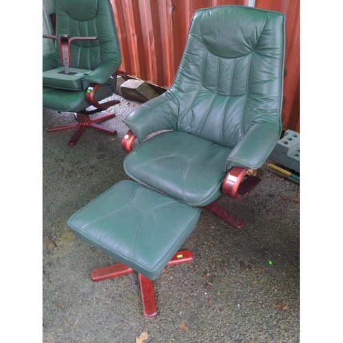 72 - Stressless style green leather chair with foot stool