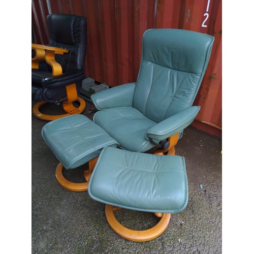 74 - Ekornes green leather stressless style chair with 2 x foot stools