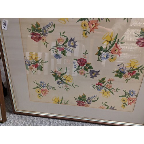 286A - Two vintage, circa 1940's, framed floral wallpaper samples 57 x 69cm