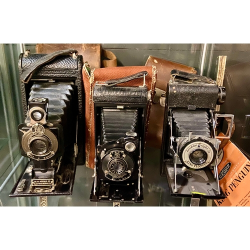 429 - Three 120 film bellows cameras. Two Kodak Eastman (No.1-A Kodak JR) and No1 pocket Kodak Junior. Shu... 