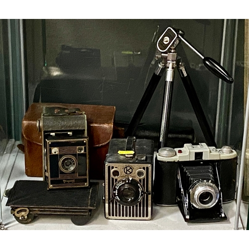 430 - Three vintage cameras and a tripod. Agfa Jgenar, Kodak and a six 20 Brownie.