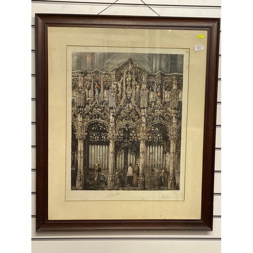 575 - Hand coloured etching of Remes cathedral signed Camila Fance  76cm x 92cm