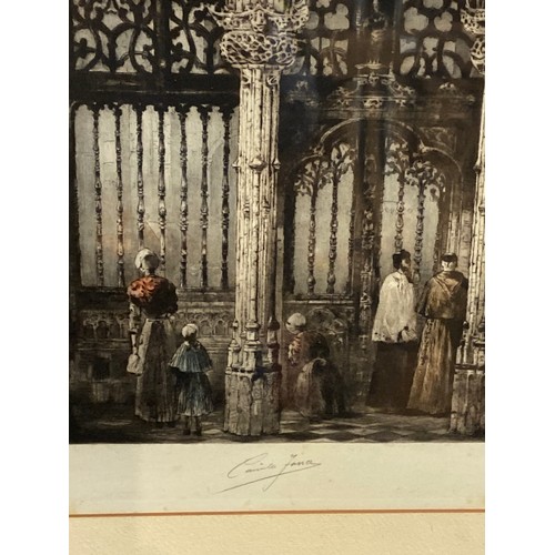 575 - Hand coloured etching of Remes cathedral signed Camila Fance  76cm x 92cm