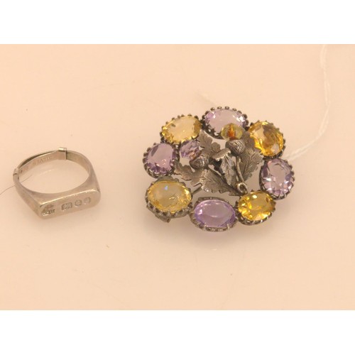 392 - Silver thistle brooch set with amethyst and citrine, together with a silver hallmarked ring, size N,... 