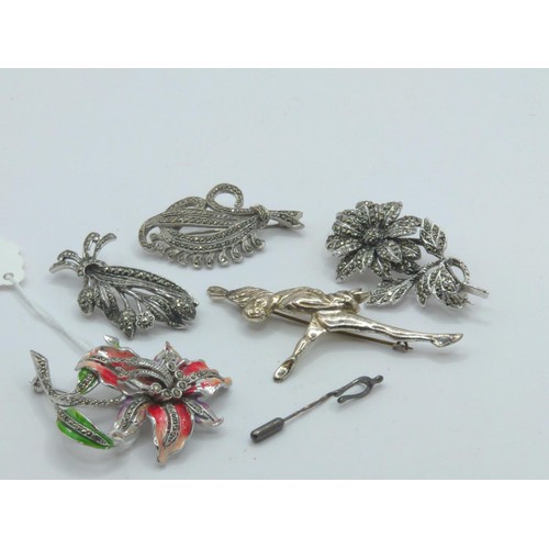 393A - Vintage marcasite set brooches including an enamelled orchid and a dancer brooch. Together with a si... 