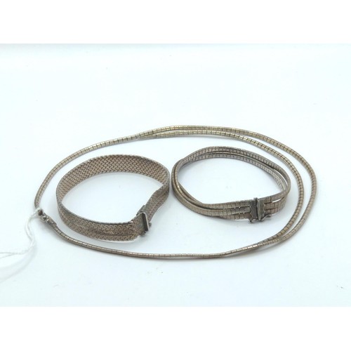 394A - Silver flat snake necklace and bracelet set with additional herringbone link silver bracelet. Gross ... 