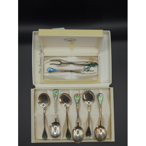 398A - Set of six sterling silver and paua shell coffee spoons, together with a pair of sterling silver and... 