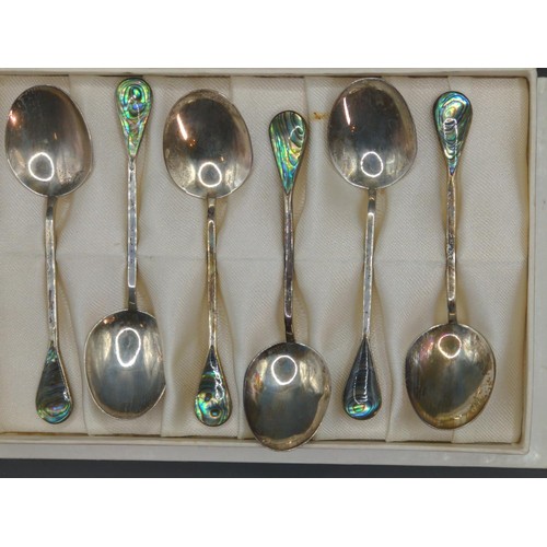 398A - Set of six sterling silver and paua shell coffee spoons, together with a pair of sterling silver and... 