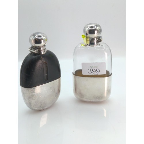 399 - Two James Deakin & Sons silver plate mounted and glass flasks, one leather wrapped 