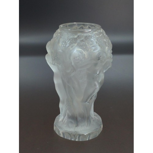 401 - Lalique style frosted glass vase, moulded with Bacchantes, height 12.5cm