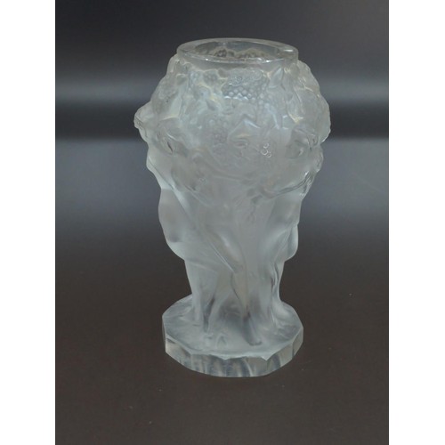 401 - Lalique style frosted glass vase, moulded with Bacchantes, height 12.5cm