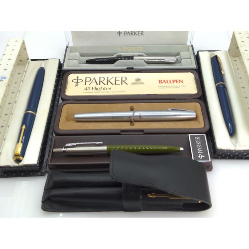 406 - Selection of Parker pens, including 14ct gold nibbed Junior, 14ct gold nibbed Slimfold, Rialto fount... 